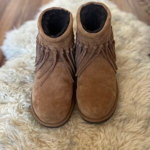 UGG Suede Shearling-Lined Boots with Fringe